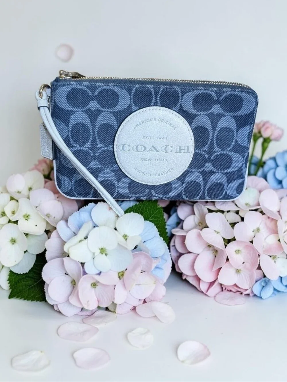 Coach Signature Zip Wristlet in Blue with White Logo Patch